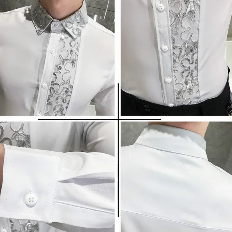 Luxury Black White Sexy Lace Patchwork Shirt 2023 Fashion Men's Slim Fit Social Dress Nightclub Singer Party Casual Shirts 4XL-M