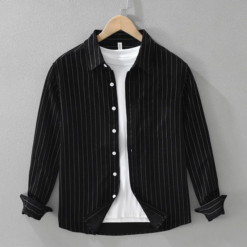 Japan Fashion Style High Quality 100% Cotton Striped Corduroy Shirts for Men Autumn Spring Long Sleeve Loose Workwear Tops Coats