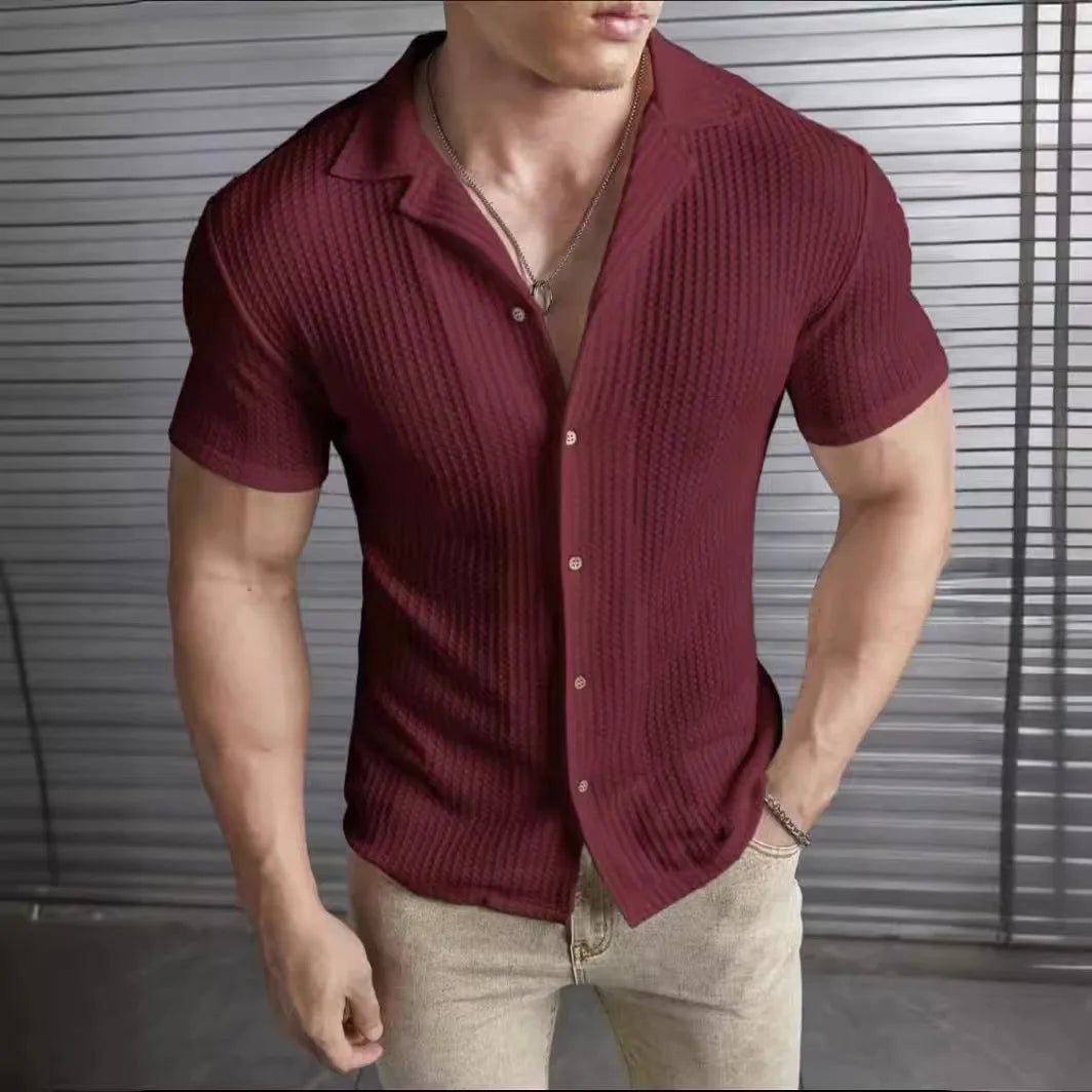 New Men's Shirts Spring Summer Fashion Casual Slim Fit Top Short Sleeved Solid Color Striped Waffle Shirt For Man Clothing