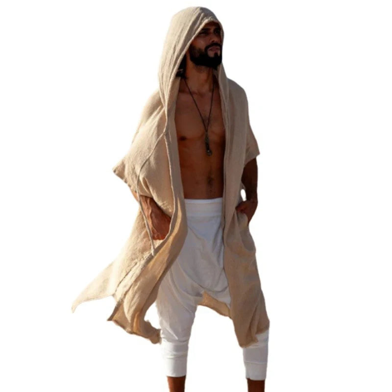 2025 Summer Leisure Breathable Loose Smock Cloak For Men Outdoor Casual Solid Color Long Hooded Robes Mens Vintage Cardigan Tops