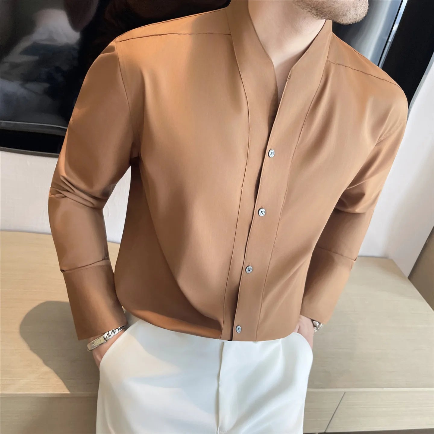 High Quality French Shirts Men Collarless Long Sleeve Solid Color Casual Shirt Mens Business Style Spring Autumn Daily Blouse