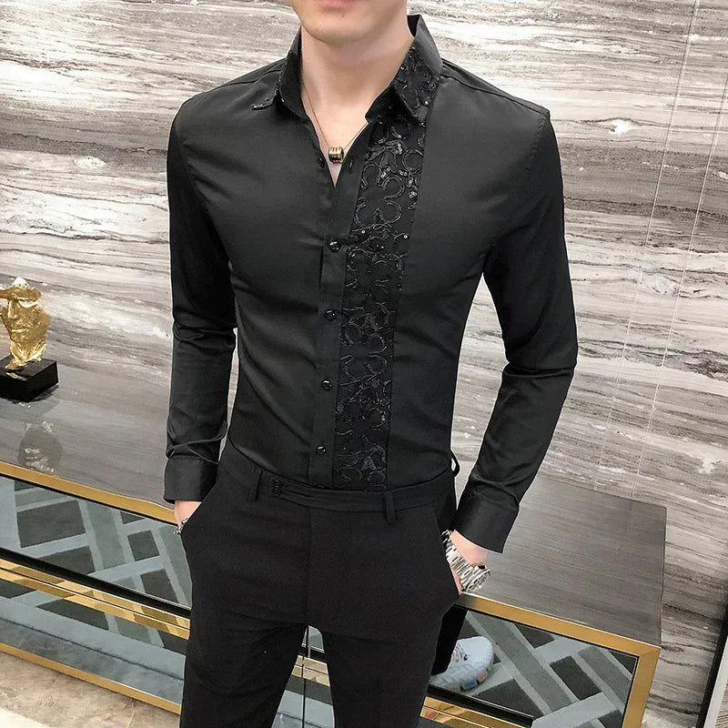 Luxury Black White Sexy Lace Patchwork Shirt 2023 Fashion Men's Slim Fit Social Dress Nightclub Singer Party Casual Shirts 4XL-M
