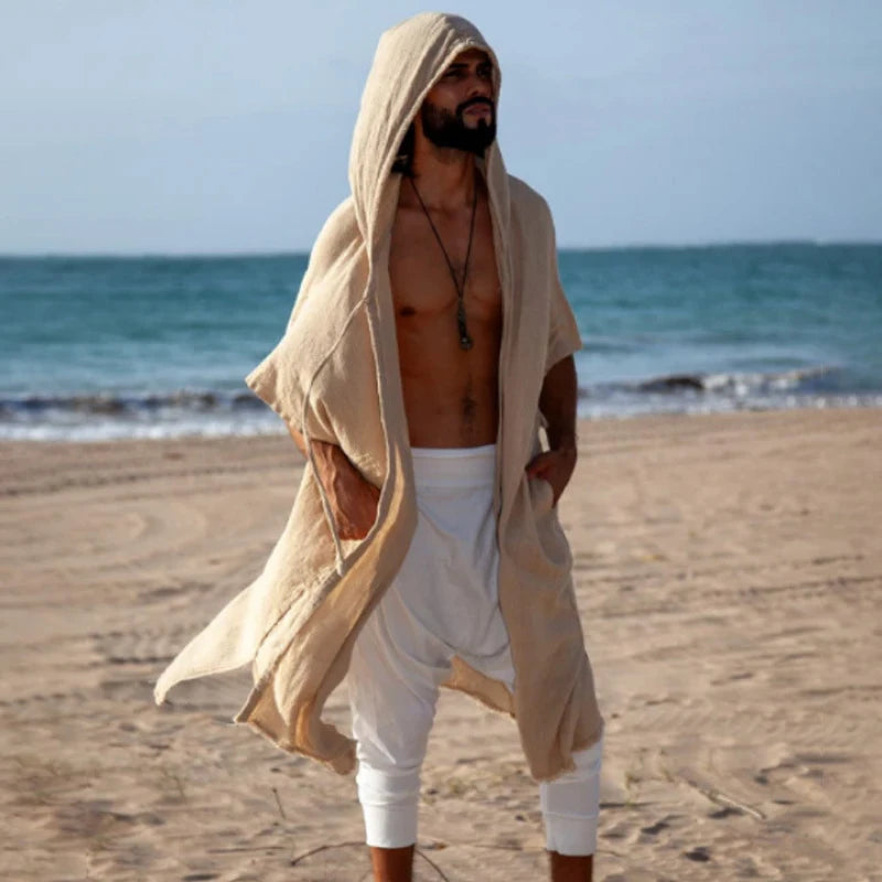2025 Summer Leisure Breathable Loose Smock Cloak For Men Outdoor Casual Solid Color Long Hooded Robes Mens Vintage Cardigan Tops
