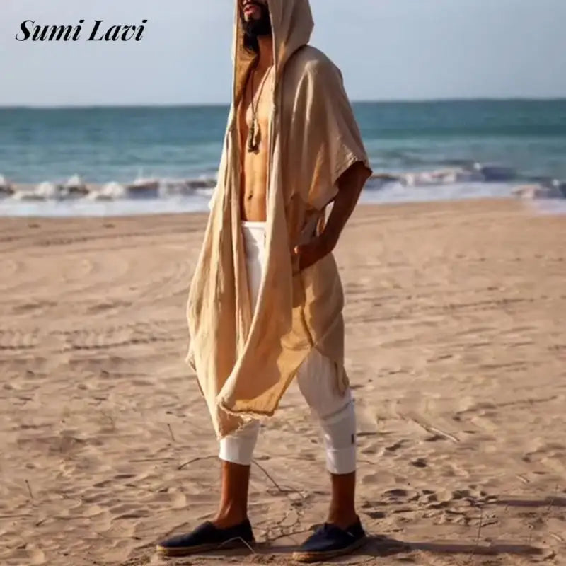 2025 Summer Leisure Breathable Loose Smock Cloak For Men Outdoor Casual Solid Color Long Hooded Robes Mens Vintage Cardigan Tops
