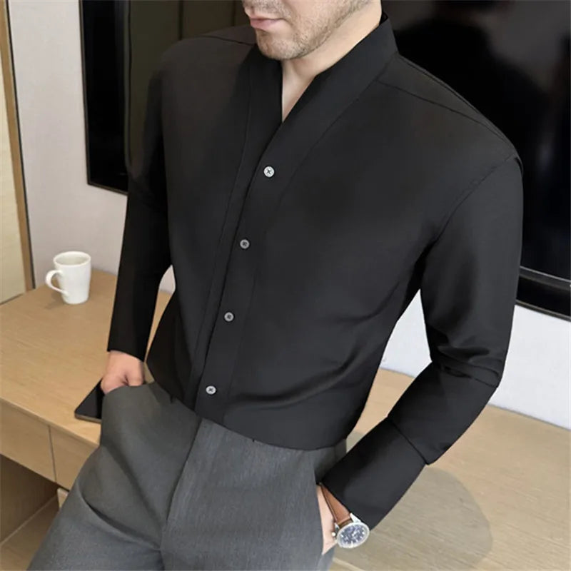 High Quality French Shirts Men Collarless Long Sleeve Solid Color Casual Shirt Mens Business Style Spring Autumn Daily Blouse