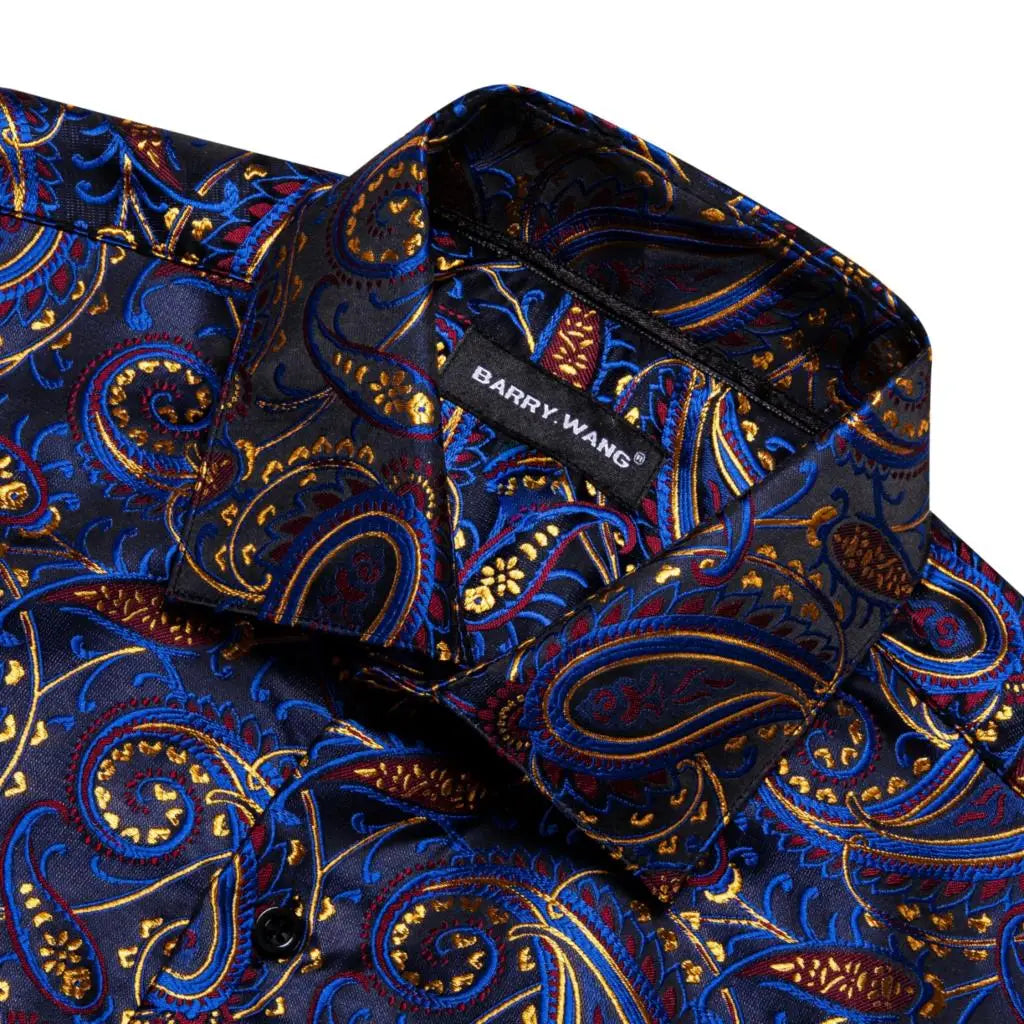 Luxury Mens Shirts Long Sleeve Blue Gold Red Paisley Spring Autumn Slim Fit Male Blouses Casual Lapel Tops