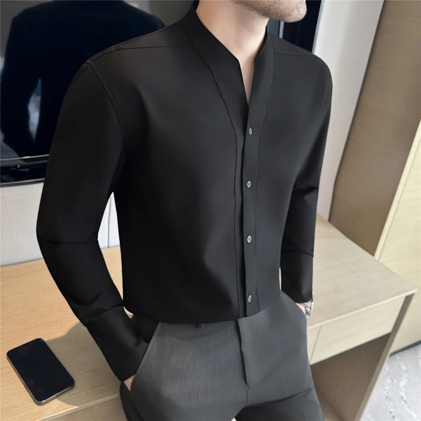 High Quality French Shirts Men Collarless Long Sleeve Solid Color Casual Shirt Mens Business Style Spring Autumn Daily Blouse