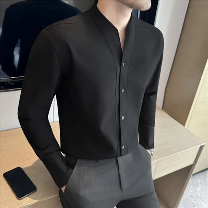 High Quality French Shirts Men Collarless Long Sleeve Solid Color Casual Shirt Mens Business Style Spring Autumn Daily Blouse