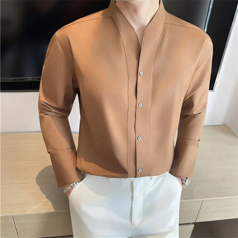 High Quality French Shirts Men Collarless Long Sleeve Solid Color Casual Shirt Mens Business Style Spring Autumn Daily Blouse