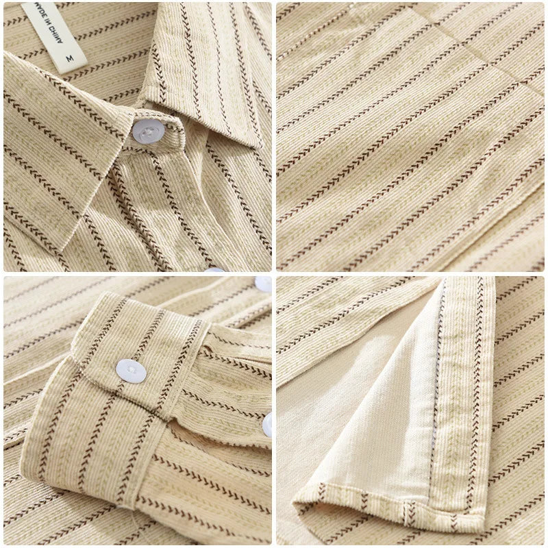 Japan Fashion Style High Quality 100% Cotton Striped Corduroy Shirts for Men Autumn Spring Long Sleeve Loose Workwear Tops Coats