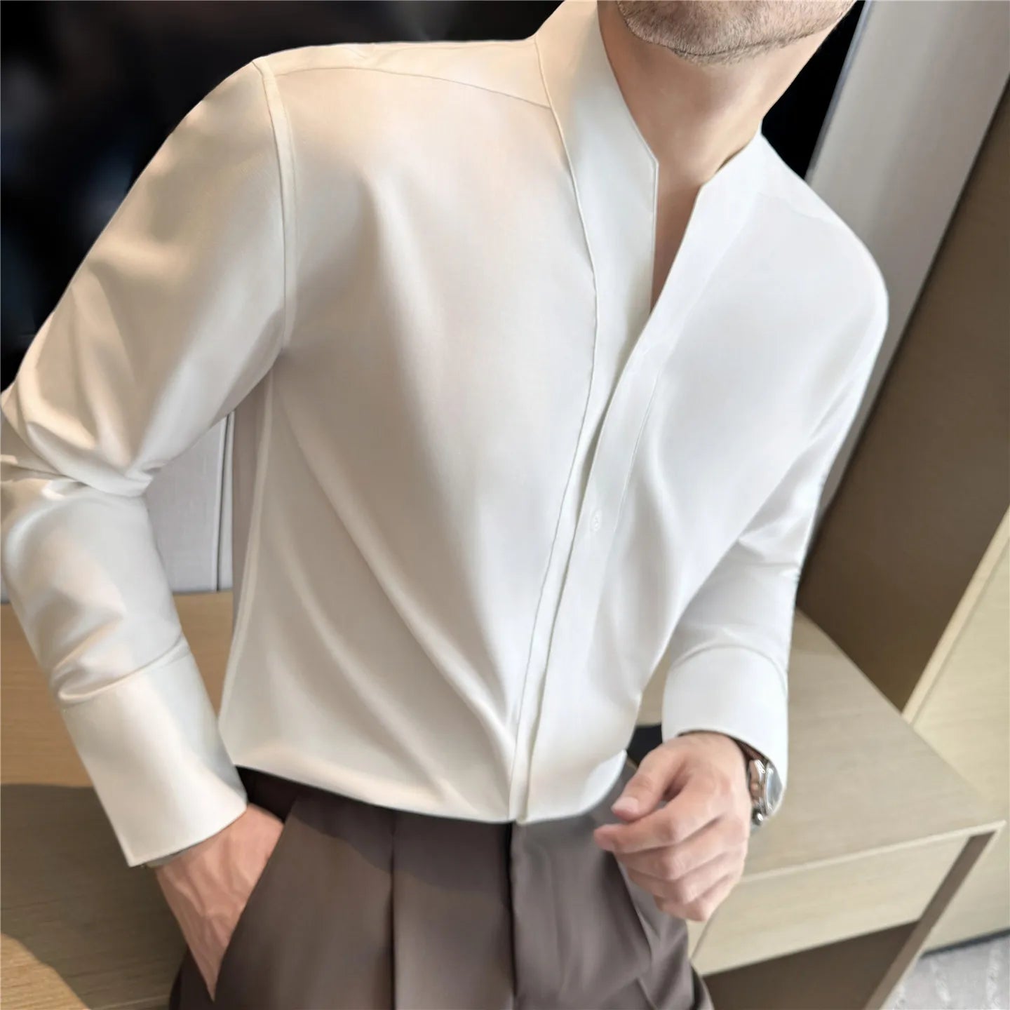 High Quality French Shirts Men Collarless Long Sleeve Solid Color Casual Shirt Mens Business Style Spring Autumn Daily Blouse
