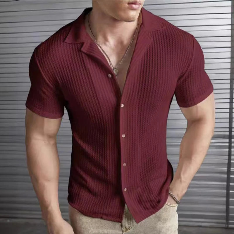 New Men's Shirts Spring Summer Fashion Casual Slim Fit Top Short Sleeved Solid Color Striped Waffle Shirt For Man Clothing