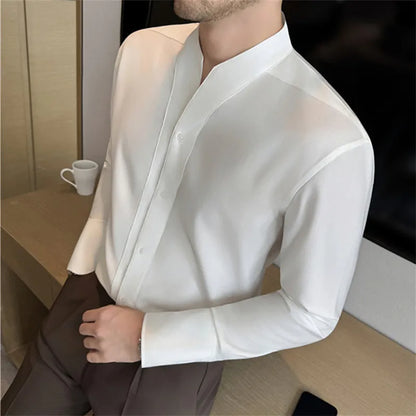 High Quality French Shirts Men Collarless Long Sleeve Solid Color Casual Shirt Mens Business Style Spring Autumn Daily Blouse