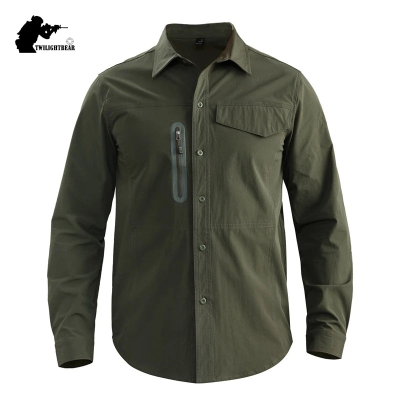 Stretch Men's Shirt Multiple Pockets Quick Drying Shirts High Quality Male Elastic Tooling Shirt Men Clothing Casual Shirts AF54