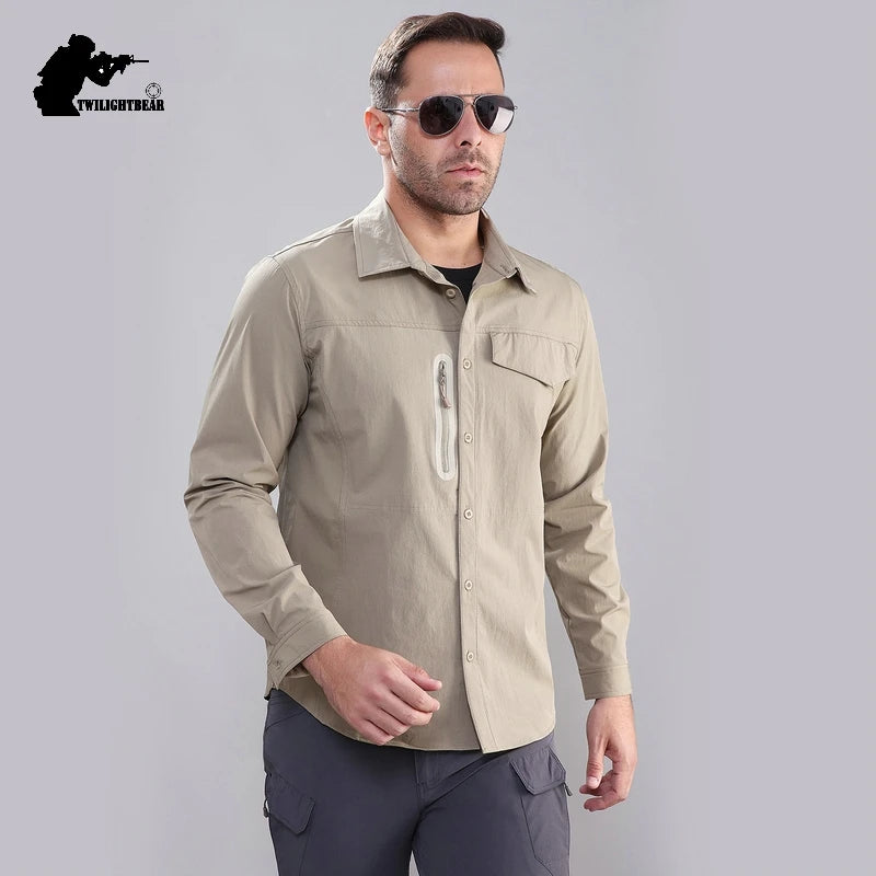 Stretch Men's Shirt Multiple Pockets Quick Drying Shirts High Quality Male Elastic Tooling Shirt Men Clothing Casual Shirts AF54