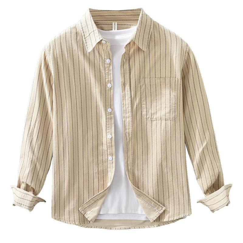 Japan Fashion Style High Quality 100% Cotton Striped Corduroy Shirts for Men Autumn Spring Long Sleeve Loose Workwear Tops Coats