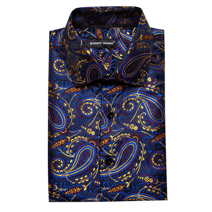 Luxury Mens Shirts Long Sleeve Blue Gold Red Paisley Spring Autumn Slim Fit Male Blouses Casual Lapel Tops