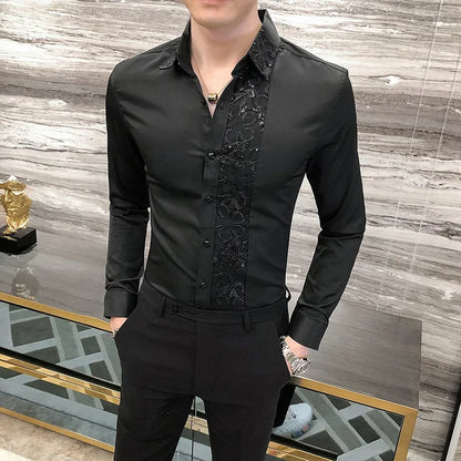 Luxury Black White Sexy Lace Patchwork Shirt 2023 Fashion Men's Slim Fit Social Dress Nightclub Singer Party Casual Shirts 4XL-M