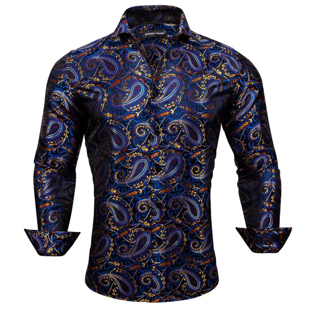Luxury Mens Shirts Long Sleeve Blue Gold Red Paisley Spring Autumn Slim Fit Male Blouses Casual Lapel Tops