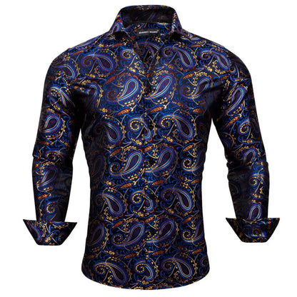 Luxury Mens Shirts Long Sleeve Blue Gold Red Paisley Spring Autumn Slim Fit Male Blouses Casual Lapel Tops